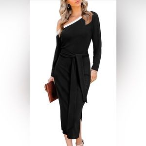 Long Sleeve Midi Knit Sweater Dress Off Shoulder Slit Ribbed Belt Bodycon